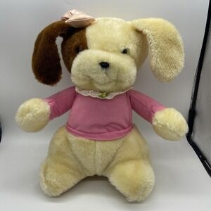 Vintage 1984 AmToy Plush Dog Pink Shirt Lace Collar Stuffed Animal 80s Toy Cream